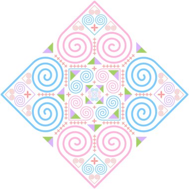 Hmong etnik kumaş deseni pastel tonlarda tasarlanmıştır. Hmong etnik grubunun benzersiz bir sembolü olan ve kıyafet tasarımında kullanılan, kalp şeklini oluşturan spiral bir desen..