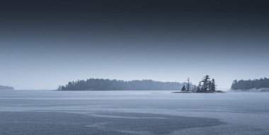 Gün batımında berrak gökyüzüne karşı sakin göl ve siluet ağaçlarının manzarası.