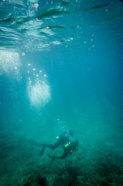 Kafkas baba ve oğlu birlikte okyanusu keşfederken mavi denizde dalgıçlık yaparken