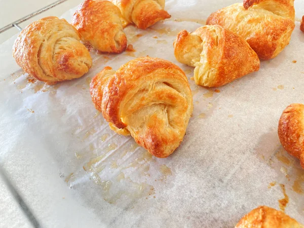 High Angle Close Freshly Baked Delicious Stuffed Croissants White Wax — Stock Photo, Image