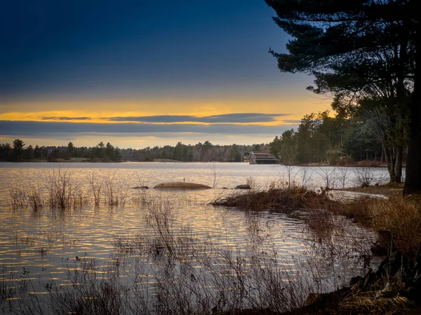 Malowniczy Widok Falowane Jezioro Odbiciem Światła Słonecznego Drzewach Błękitne Niebo — Zdjęcie stockowe
