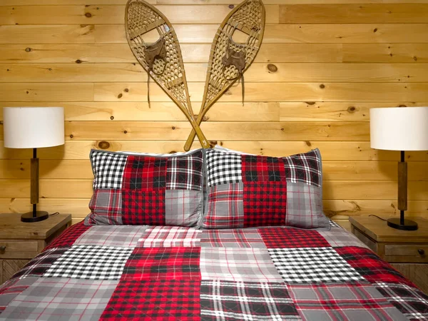 Pillows Sheet Bed Electric Lamps Night Tables Snowshoes Hanging Wooden — Stock Photo, Image