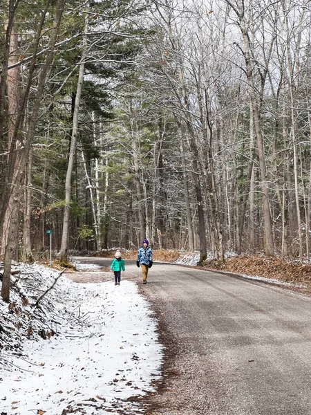 冬季白种人兄弟在荒芜的树林中公路上远足的中景 — 图库照片