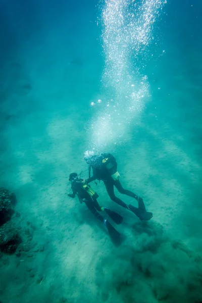 度假期间 父亲和儿子一起在深海海底潜水的高视角图像 — 图库照片