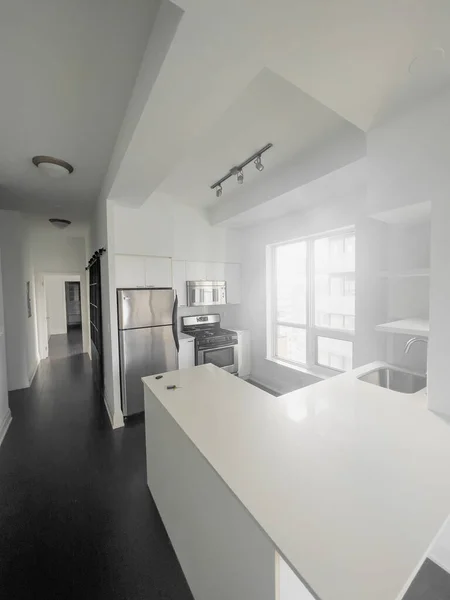 Appartement Moderne Avec Réfrigérateur Comptoir Propre Par Fenêtre Dans Une — Photo