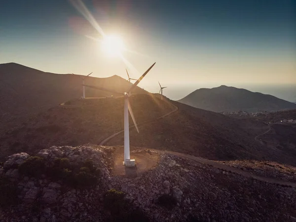 Wind Turbines Mountain Scenic View Silhouette Mountain Range Sky Sunset — Stock Photo, Image