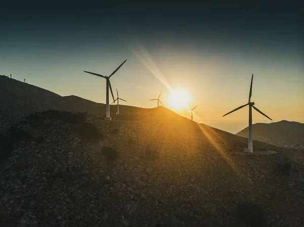 Silhouette Wind Turbines Hill Scenic View Mountain Range Sun Sky — Stock Photo, Image