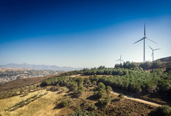 Vista Panorâmica Montanha Com Turbinas Eólicas Plantas Exuberantes Crescendo Paisagem — Fotografia de Stock