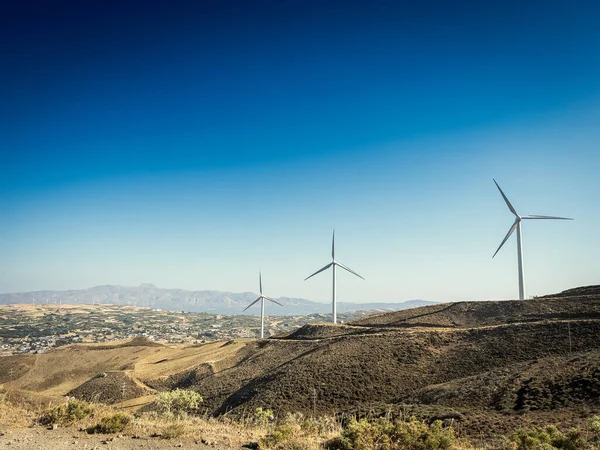 Scenic View Wind Turbines Landscape Majestic Mountains Clear Blue Sky — Stock Photo, Image