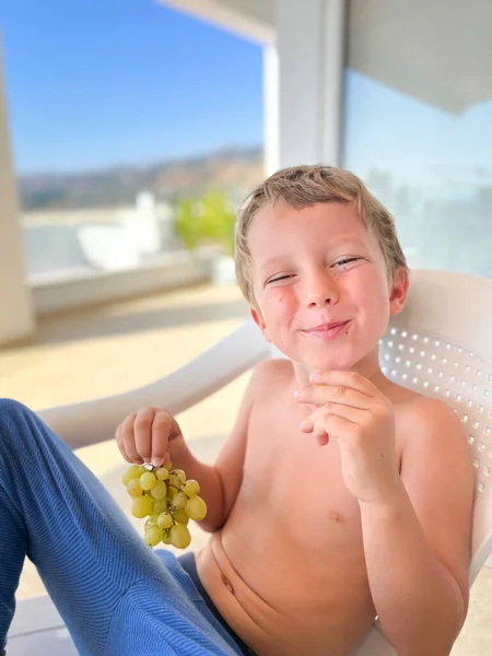 Retrato Bonito Caucasiano Shirtless Menino Comer Uvas Enquanto Sentado Cadeira — Fotografia de Stock