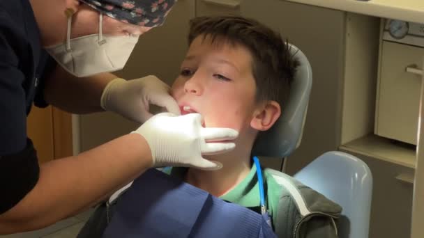 Zahnarzt Untersucht Zähne Von Kleinem Patienten Klinik — Stockvideo