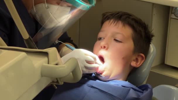 Dentista Examinando Dentes Menino Paciente Clínica — Vídeo de Stock