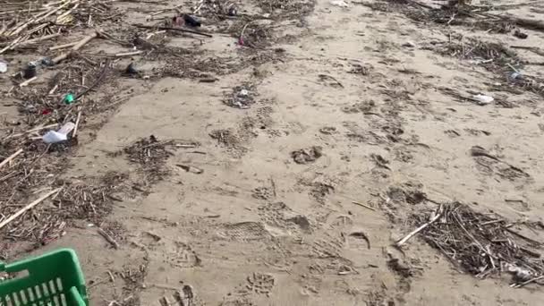 Грязный Пляжный Пейзаж Полный Отходов Людей — стоковое видео