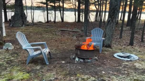在河边的森林里 带着舒适的篝火野餐 — 图库视频影像