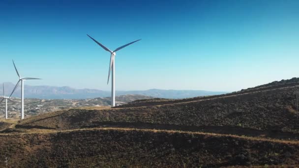 Wind Turbines Motion Mountain Peak Mediterranean Sea Crete Greece — Stock Video