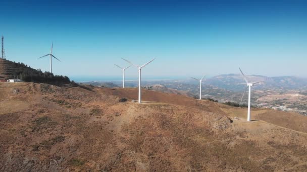 Wind Turbines Motion Mountain Peak Mediterranean Sea Crete Greece — Stock Video
