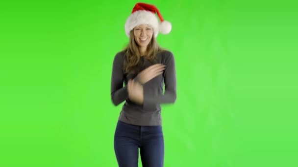 Femme Caucasienne Chapeau Noël Sur Écran Vert — Video