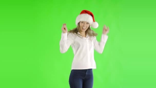 Yeşil Ekranda Noel Şapkalı Beyaz Kadın — Stok video