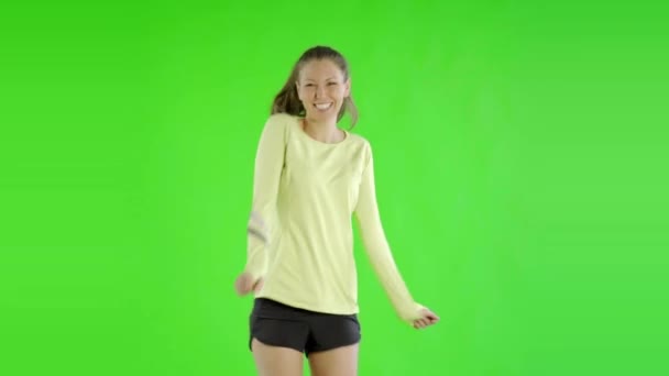 Jonge Mooie Vrouw Draagt Sportkleding Danst Groen Scherm — Stockvideo