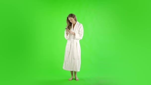 Caucasian Woman Bathrobe Green Screen Cut Out — Stock Video