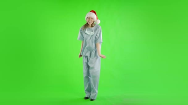 Біла Жінка Лікар Зеленому Екрані Капелюсі Санта — стокове відео