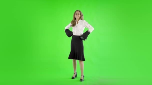 Біла Бізнес Леді Боксерських Рукавичках Зновуструнний Зелений Екран — стокове відео