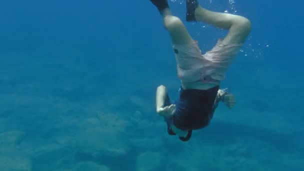 Πρόσωπο Μάσκα Κατάδυσης Και Πτερύγια Που Κολυμπάει Κάτω Από Νερό — Αρχείο Βίντεο