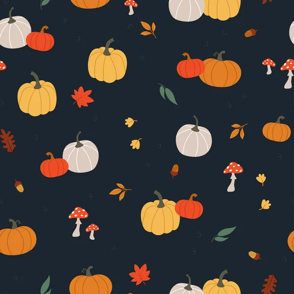 Schöne Handgezeichnete Thanksgiving Nahtlose Muster Mit Kürbissen Und Herbst Artikel — Stockvektor