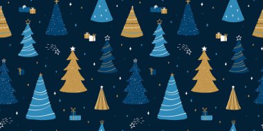 Dekoratif Noel ağaçları ve süslemeleri olan kusursuz bir Noel arkaplanı, tekstil, pankart, duvar kağıtları, ambalaj - vektör tasarımı -