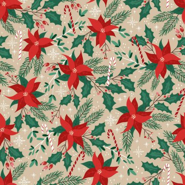 Güzel el çizimi, dalları ve dekorasyonu olan kusursuz noel deseni, afişler, duvar kağıtları, kartlar, tekstil - vektör tasarımı