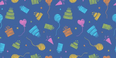 Pastalar, hediye kutuları, balonlar ve parti süslemeleriyle dolu eğlenceli bir el yazısı. Doğum günü partileri, tekstil, pankart, duvar kağıtları, ambalaj - vektör tasarımı için harika