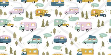 Road trip seamless pattern, doodle camper vans, vanlife, adventure - great for textiles, banners, wallpapers - vector design