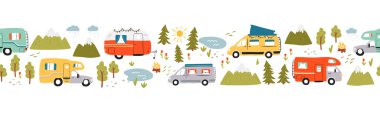 Road trip horizontal seamless pattern, doodle camper vans, vanlife, adventure - great for textiles, banners, wallpapers - vector design