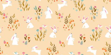 Tavşanlı, çiçekli, paskalya yumurtalı, arkaplanlı paskalya desensiz paskalya deseni. Paskalya kartları, afişler, tekstil, duvar kağıtları, vektör tasarımı için harika.