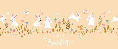Güzel el çizimi Paskalya yatay desenli tavşanlar, çiçekler, paskalya yumurtaları, güzel arka plan, Paskalya kartları, afişler, tekstil, duvar kağıtları - vektör tasarımı