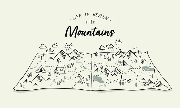 Cute Hand Drawn Map Mountains Tents Trees Hills Illustrated Landscape — ストックベクタ