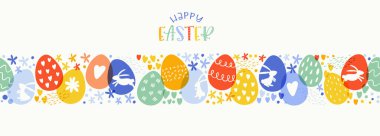 Güzel el çizimi Paskalya yatay desenli tavşanlar, çiçekler, paskalya yumurtaları, güzel arka plan, Paskalya kartları, afişler, tekstil, duvar kağıtları - vektör tasarımı