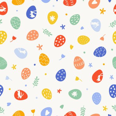 Tavşanlı, çiçekli, paskalya yumurtalı, arkaplanlı paskalya desensiz paskalya deseni. Paskalya kartları, afişler, tekstil, duvar kağıtları, vektör tasarımı için harika.