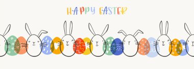 Güzel el çizimi Paskalya yatay desenli tavşanlar, çiçekler, paskalya yumurtaları, güzel arka plan, Paskalya kartları, afişler, tekstil, duvar kağıtları - vektör tasarımı