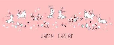 Cute hand drawn Easter design with bunnies, flowers, easter eggs, beautiful background, great for Easter Cards, banners, wallpapers - vector design