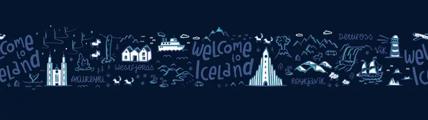Ручна Ілюстрація Подорожей Ісландським Пейзажем Тваринами Архітектурою Природними Прицілами Відмінно — стоковий вектор