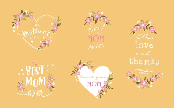 Szczęśliwego Dnia Matki Ręcznie Pisany Zestaw Plakietek Logo Etykiet Znaków — Wektor stockowy