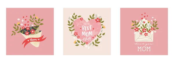 Buona Festa Della Mamma Set Badge Logo Etichette Segni Simboli — Vettoriale Stock