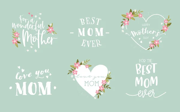 Boldog Anyák Napját Kézzel Írott Jelvényeket Logókat Címkéket Jeleket Szimbólumokat — Stock Vector