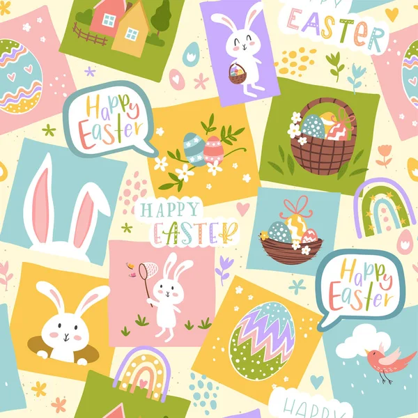 Симпатичный Ручной Рисунок Пасхи Бесшовный Узор Кроликами Цветы Пасхальные Яйца — стоковый вектор