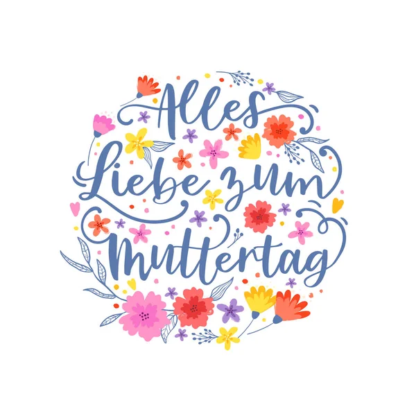 Schöner Handgezeichneter Blumenkranz Kritzelblumen Und Text Deutschem Happy Mother Day — Stockvektor