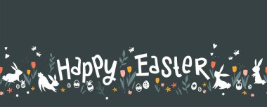 Cute hand drawn easter bunnies horizontal seamless pattern, easter doodle background, great for textiles, banners, wallpapers, wrapping - vector design