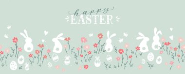 Cute hand drawn easter bunnies horizontal seamless pattern, easter doodle background, great for textiles, banners, wallpapers, wrapping - vector design
