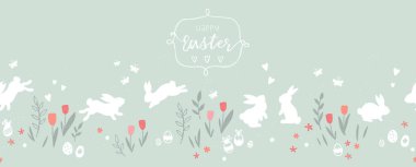 Cute hand drawn easter bunnies horizontal seamless pattern, easter doodle background, great for textiles, banners, wallpapers, wrapping - vector design