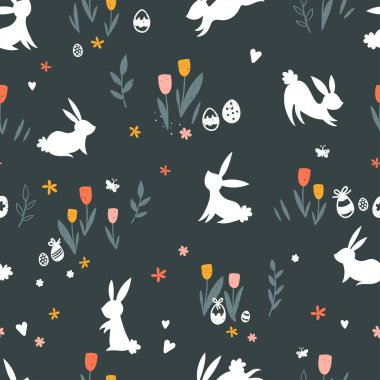 Cute hand drawn easter bunnies seamless pattern, easter doodle background, great for textiles, banners, wallpapers, wrapping - vector design